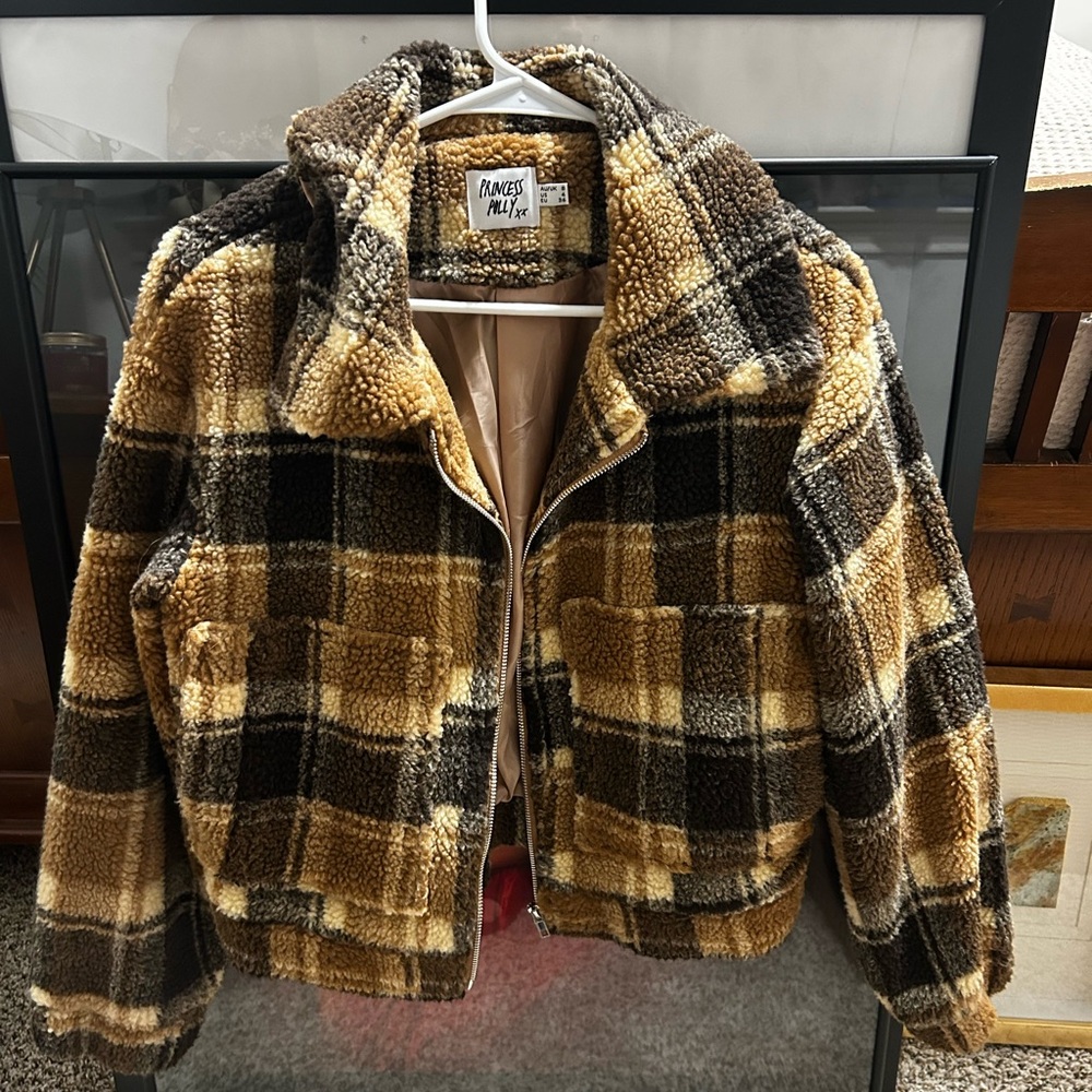 Princess Polly Plaid Puffer Jacket - Brown and Tan